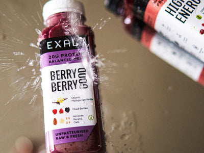 A chilled EXALT protein smoothie on a kitchen worktop