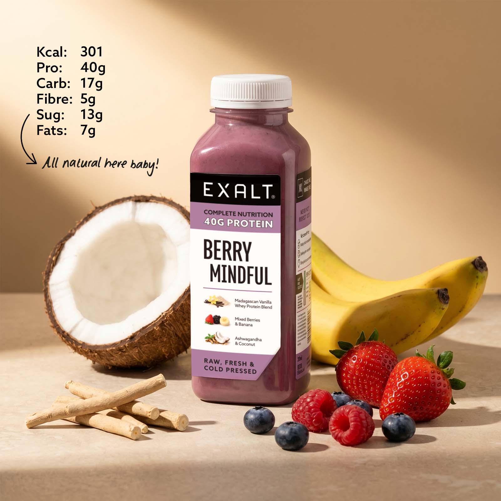 EXALT Berry Mindful protein bottle with coconut, banana, and berries on a beige background