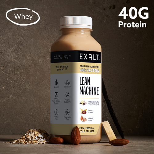 Protein supplement bottle with EXALT branding and '40G Protein' label on a dark background.